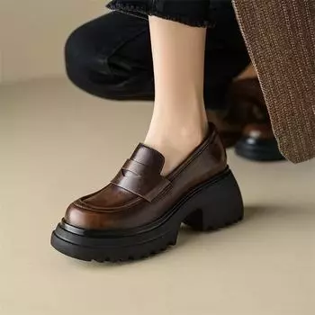 Meotina/женские лоферы из натуральной кожи, туфли-лодочки с круглым носком, женская модная обувь на толстом высоком каблуке и платформе, весна-осень, коричневый, черный 40 34 чёрный