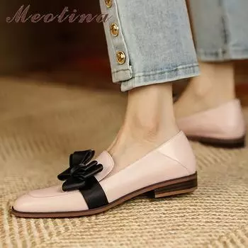 Meotina/женские лоферы из натуральной кожи, туфли на плоской подошве с квадратным носком, модная женская обувь с бантом, весна-осень, розовый, черный 34 чёрный