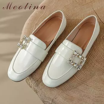 Meotina/женские лоферы из овчины, лакированная кожа, туфли на плоской подошве с круглым носком, женская обувь с кристаллами, весна-осень, черный, белый цвет 41 33 чёрный