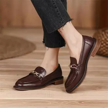 Meotina/женские лоферы, туфли-лодочки на толстом среднем каблуке, туфли из натуральной кожи, женская обувь с круглым носком и цепочкой, весенне-осенний цвет коричневого цвета 40 33 коричневый