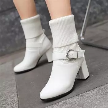 Meotina/женские полусапоги из искусственной кожи, ботильоны с круглым носком на толстом высоком каблуке и пряжкой, лаконичная женская модная обувь, зимняя обувь 46 33 чёрный