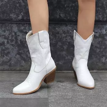Meotina/женские полусапоги из искусственной кожи, ковбойские сапоги в западном стиле с круглым носком на толстом высоком каблуке и вышивкой, женская модная обувь, зимняя обувь 46 34 белый