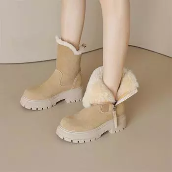 Meotina/женские полусапоги из натуральной кожи, зимние ботинки из шерсти с круглым носком на высоком каблуке и платформе, на молнии, женская обувь, зимняя обувь 40 34 миндальный