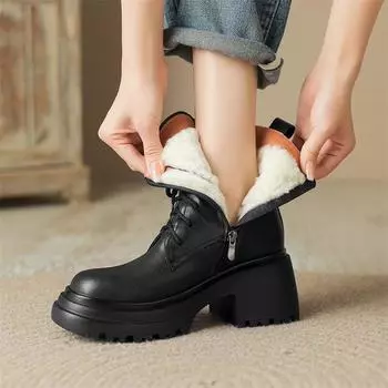 Meotina/женские полусапоги из натуральной кожи, армейские ботинки с круглым носком на толстом высоком каблуке, шерстяные армейские ботинки на молнии и шнуровке, зимняя женская обувь 34 чёрный