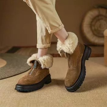 Meotina/женские полусапоги из натуральной кожи, зимние ботинки из шерсти с круглым носком на толстом среднем каблуке и платформе, на молнии, женская обувь, зимняя обувь 40 34 верблюд