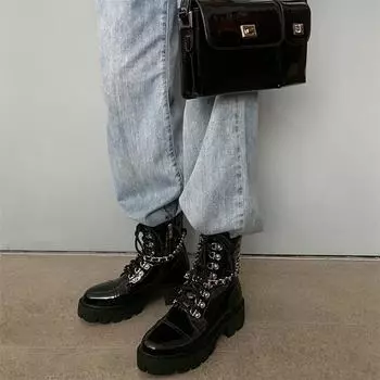 Meotina/женские полусапоги из натуральной кожи, армейские ботинки с круглым носком на толстом среднем каблуке и цепочке на молнии и шнуровке, зимняя женская обувь