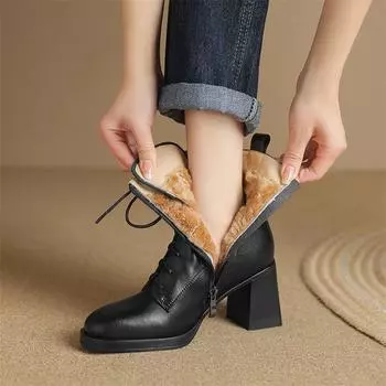 Meotina/женские полусапоги из натуральной кожи, шерстяные армейские ботинки с круглым носком и толстым высоким каблуком на молнии, женская модная зимняя обувь 34 коричневый