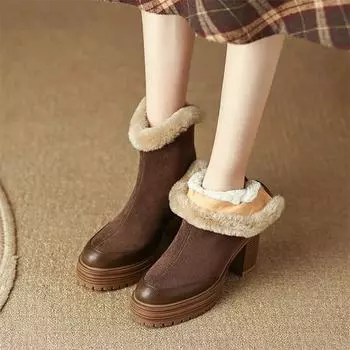 Meotina/женские полусапоги из натуральной кожи, ботильоны с круглым носком, на толстом высоком каблуке, на молнии, на меху, ковбойские сапоги в западном стиле, женская обувь, зимняя обувь 34 коричневый