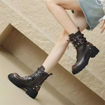 Meotina/женские полусапоги из натуральной кожи, армейские ботинки с круглым носком, толстым средним каблуком и заклепками, на молнии и пряжкой, зимняя женская обувь