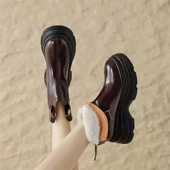 Meotina/женские полусапоги из натуральной кожи, ботильоны с круглым носком на высоком каблуке, на молнии, шерстяные сапоги в стиле вестерн, ковбойские сапоги, женская обувь, зимняя обувь 34 коричневый