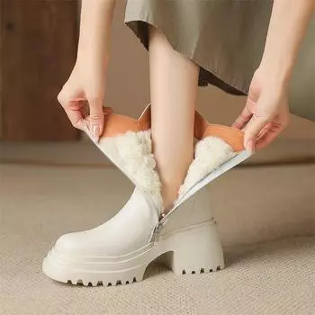 Meotina/женские полусапоги из натуральной кожи, ботильоны с круглым носком на высоком каблуке, шерстяные ботинки на молнии в стиле вестерн, ковбойские сапоги, женская обувь, зимняя обувь 34 чёрный