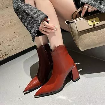 Meotina/женские полусапоги из натуральной кожи, ботильоны с острым носком, на высоком каблуке, на молнии, ковбойские сапоги в западном стиле, женская обувь, зимняя 40 34 кирпич красный