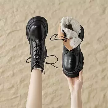 Meotina/женские полусапоги из натуральной кожи, шерстяные армейские ботинки с круглым носком, на толстом высоком каблуке и молнии, на шнуровке, шерстяные армейские ботинки, зимняя обувь 34 коричневый