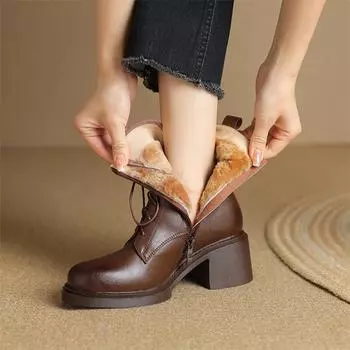 Meotina/женские полусапоги из натуральной кожи, шерстяные армейские ботинки с круглым носком, на толстом высоком каблуке и молнии, на шнуровке, шерстяные армейские ботинки, зимняя обувь