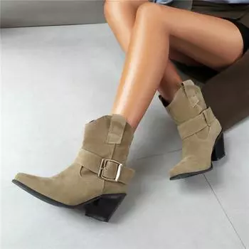 Meotina/женские полусапоги в стиле ковбой до щиколотки с квадратным носком, толстые высокие каблуки с пряжкой, ковбойские сапоги в западном стиле, женская модная обувь, зимняя обувь 43 34 чёрный