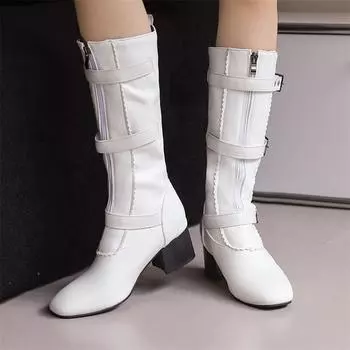 Meotina Женские полусапожки с круглым носком и толстым каблуком средней высоты с пряжкой-молнией, лаконичные женские модные зимние туфли черного, белого и коричневого цвета 46 33 белый