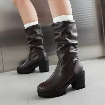 Meotina Женские полусапожки с круглым носком, на толстом высоком каблуке, на плиссированной платформе, лаконичные женские модные туфли, зимние, черные, коричневые, 43 34 чёрный