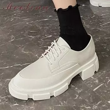 Meotina/женские повседневные туфли-лодочки из натуральной кожи на толстом каблуке, женская обувь на среднем каблуке со шнуровкой, весенние лоферы, черные 42 туфли-оксфорды 34 чёрный