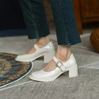 Meotina/женские повседневные туфли-лодочки на толстом каблуке, женская обувь на высоком каблуке с пряжкой и ремешком, весенняя модная обувь Мэри Джейн, черные, бежевые, 40