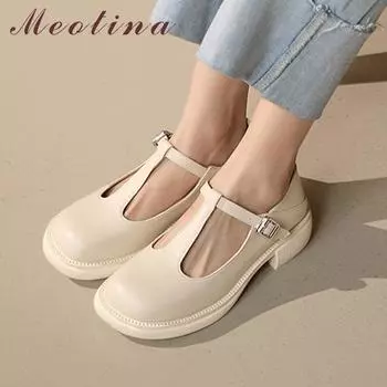 Meotina/женские повседневные туфли-лодочки на толстом каблуке с пряжкой, женская обувь на среднем каблуке с круглым носком, весна 2022, модные туфли с Т-образным ремешком, черные 43 34 бежевый