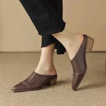 Meotina/женские сабо из натуральной кожи, шлепанцы на массивном среднем каблуке с острым носком, женские модные шлепанцы, осенне-весенняя обувь бежевого цвета 34 бежевый