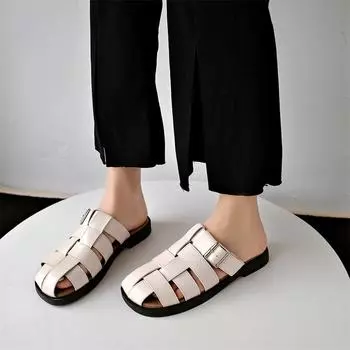 Meotina/женские сабо из натуральной кожи, сандалии на плоской подошве с круглым носком, шлепанцы с пряжкой, женская модная повседневная обувь, летние, бежевые, черные, 40 35 бежевый