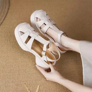 Meotina/женские сандалии-гладиаторы из натуральной кожи, женская модная обувь на платформе с круглым носком, танкеткой и пряжкой на среднем каблуке, лето-весна 40 34 бежевый