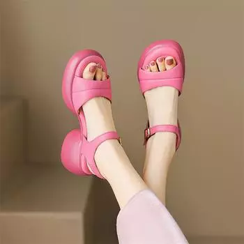 Meotina/женские сандалии из натуральной кожи с круглым носком на платформе, женская обувь на массивном высоком каблуке из овчины с пряжкой, летняя обувь желтого, бежевого цвета 40 33 бежевый