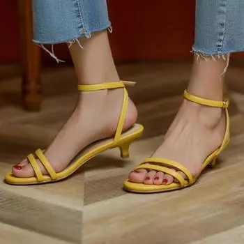 Meotina/женские сандалии из натуральной кожи с ремешком на щиколотке, женская модная повседневная обувь на тонком среднем каблуке с круглым носком и пряжкой на узком ремешке, летняя обувь 34 чёрный