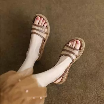 Meotina/женские сандалии из натуральной кожи, сандалии на платформе с круглым носком, на плоской подошве, прозрачные сандалии с пряжками, женская летняя обувь коричневого цвета 34 коричневый