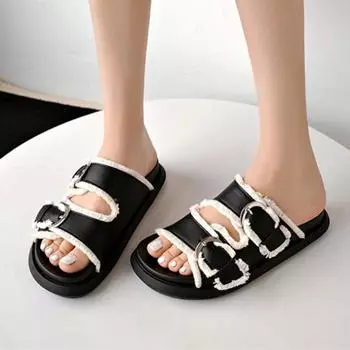 Meotina/женские сандалии из натуральной кожи, с круглым носком, на плоской платформе, тапочки на среднем каблуке, женская модная обувь на платформе с пряжкой, лето 40 35 чёрный