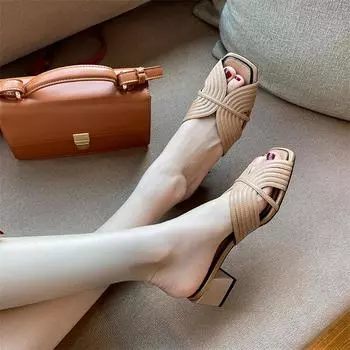 Meotina/женские сандалии из натуральной кожи, тапочки на толстом каблуке, женские сандалии на среднем каблуке с квадратным носком, лето 2022, зеленые, бежевые 33 бежевый