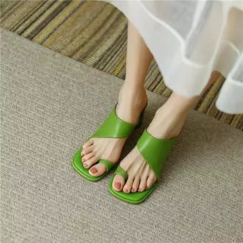 Meotina/женские сандалии из натуральной кожи, шлепанцы на высоком каблуке с квадратным носком, тапочки странного стиля, летняя женская обувь зеленого цвета 34 миндальный