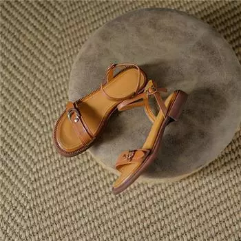 Meotina/женские сандалии из натуральной кожи, сандалии на плоской подошве с круглым носком, сандалии с металлическими украшениями и пряжками, женская обувь, летние, бежевые, 40 34 бежевый