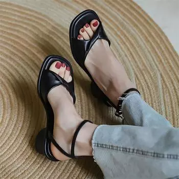 Meotina/женские сандалии из натуральной кожи с ремешком на щиколотке, сандалии на толстом каблуке с квадратным носком, женская обувь на высоком каблуке с пряжкой, летние желтые 40