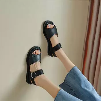 Meotina/женские сандалии из натуральной кожи, сандалии на квадратном среднем каблуке с круглым носком, модные сандалии с пряжкой, летняя обувь, бежевый цвет, 40 34 бежевый