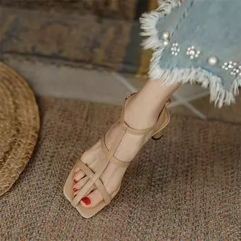 Meotina/женские сандалии из натуральной кожи, сандалии на квадратном высоком каблуке с ремешком на щиколотке, сандалии с узким ремешком и пряжкой, женская обувь, летние бежевые 40