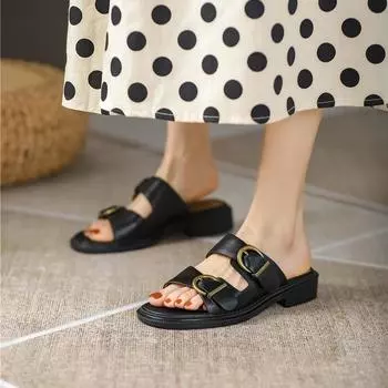 Meotina/женские сандалии из натуральной кожи, шлепанцы на плоской подошве с круглым носком и пряжкой, дизайнерские тапочки, летняя женская обувь бежевого и черного цвета