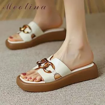 Meotina/женские сандалии из натуральной кожи, шлепанцы на плоской подошве с квадратным носком, повседневные женские тапочки на платформе с металлическими украшениями, новинка 2022, бежевый цвет 40 34 бежевый