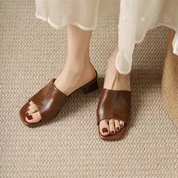 Meotina/женские сандалии из натуральной кожи, шлепанцы на толстом среднем каблуке, повседневные шлепанцы с квадратным носком, женская летняя обувь абрикосового цвета 42