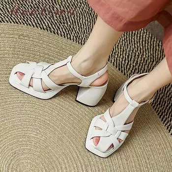 Meotina/женские сандалии на платформе с квадратным носком из натуральной кожи, женская модная обувь на толстом высоком каблуке с узкой пряжкой и узким ремешком, лето-весна 34 бежевый