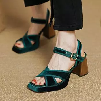 Meotina/женские сандалии с квадратным носком на платформе, на массивном высоком каблуке с пряжкой, лаконичная женская модная карьерная обувь, летние коричневые, зеленые 40 34 коричневый