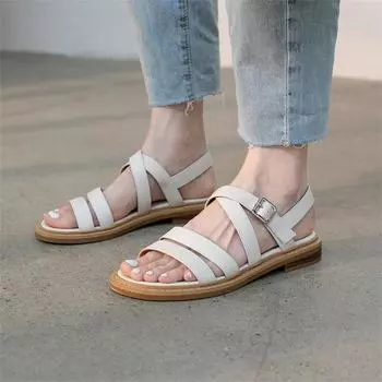 Meotina Женские сандалии Туфли из натуральной кожи Сандалии на плоской подошве с круглым носком Узкая пряжка Ремешок Женская обувь 2021 Лето Бежевый 40 34 бежевый