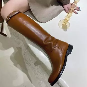 Meotina/женские сапоги для верховой езды из натуральной кожи, сапоги до колена на толстом низком каблуке, женские ботинки с круглым носком и пряжкой, осенне-зимние коричневые 43 34 чёрный