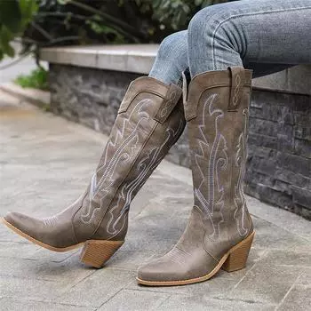 Meotina/женские сапоги до колена из искусственной кожи, женские сапоги до колена с круглым носком на толстом высоком каблуке и вышивкой, ковбойские сапоги в западном стиле, зимняя обувь 46 34 чёрный