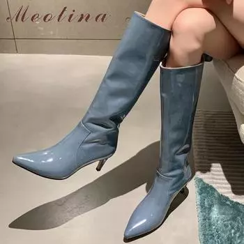 Meotina/женские сапоги до колена из натуральной кожи, модные женские высокие сапоги на тонком высоком каблуке с острым носком, осенне-зимняя обувь синего цвета, 40 34 белый