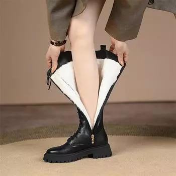 Meotina/женские сапоги до колена из натуральной кожи, полушерсти и меха, женские сапоги до колена с круглым носком и молнией на среднем каблуке, зимняя обувь на шнуровке 34 чёрный