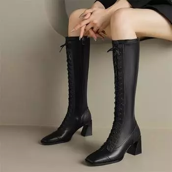 Meotina/женские сапоги до колена из натуральной кожи, длинные ботинки с квадратным носком, на толстом высоком каблуке, на молнии, на шнуровке, женская обувь, осень-зима 40 33 чёрный