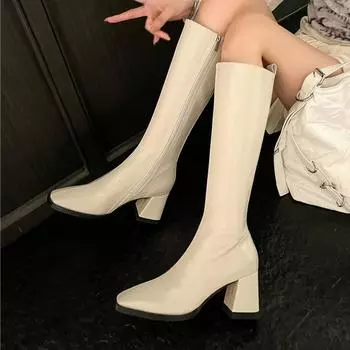 Meotina/женские сапоги до колена из натуральной кожи, ботинки Gogo на массивном высоком каблуке с квадратным носком и застежкой-молнией, женская модная обувь, зима 40 33 чёрный