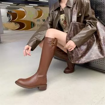 Meotina/женские сапоги до колена из натуральной кожи, с круглым носком, на плоской подошве, с металлическими украшениями, на молнии, высокие сапоги, женская модная зимняя обувь, 40